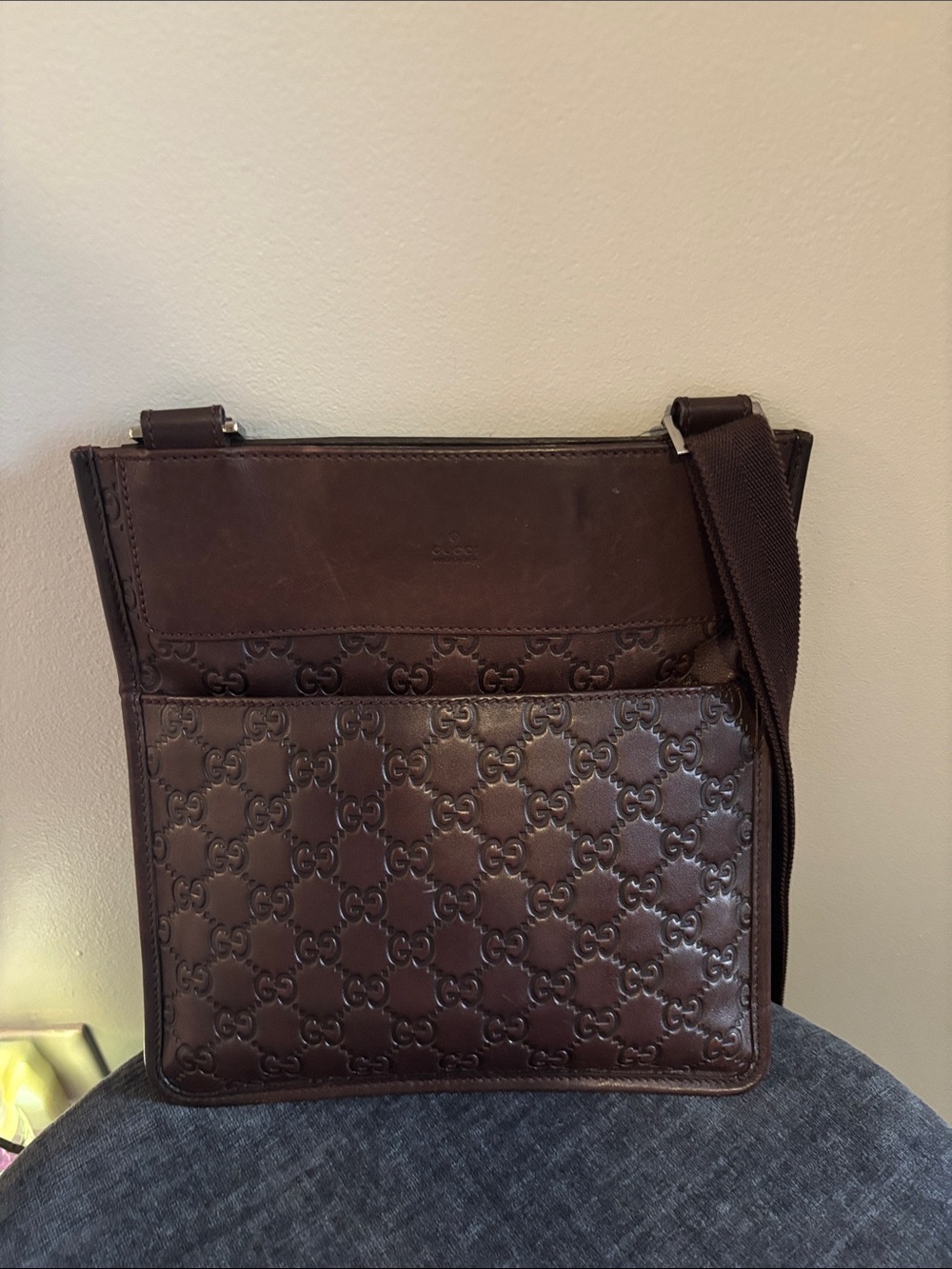 Gucci Dark Brown Embossed GG Leather Messenger Bag